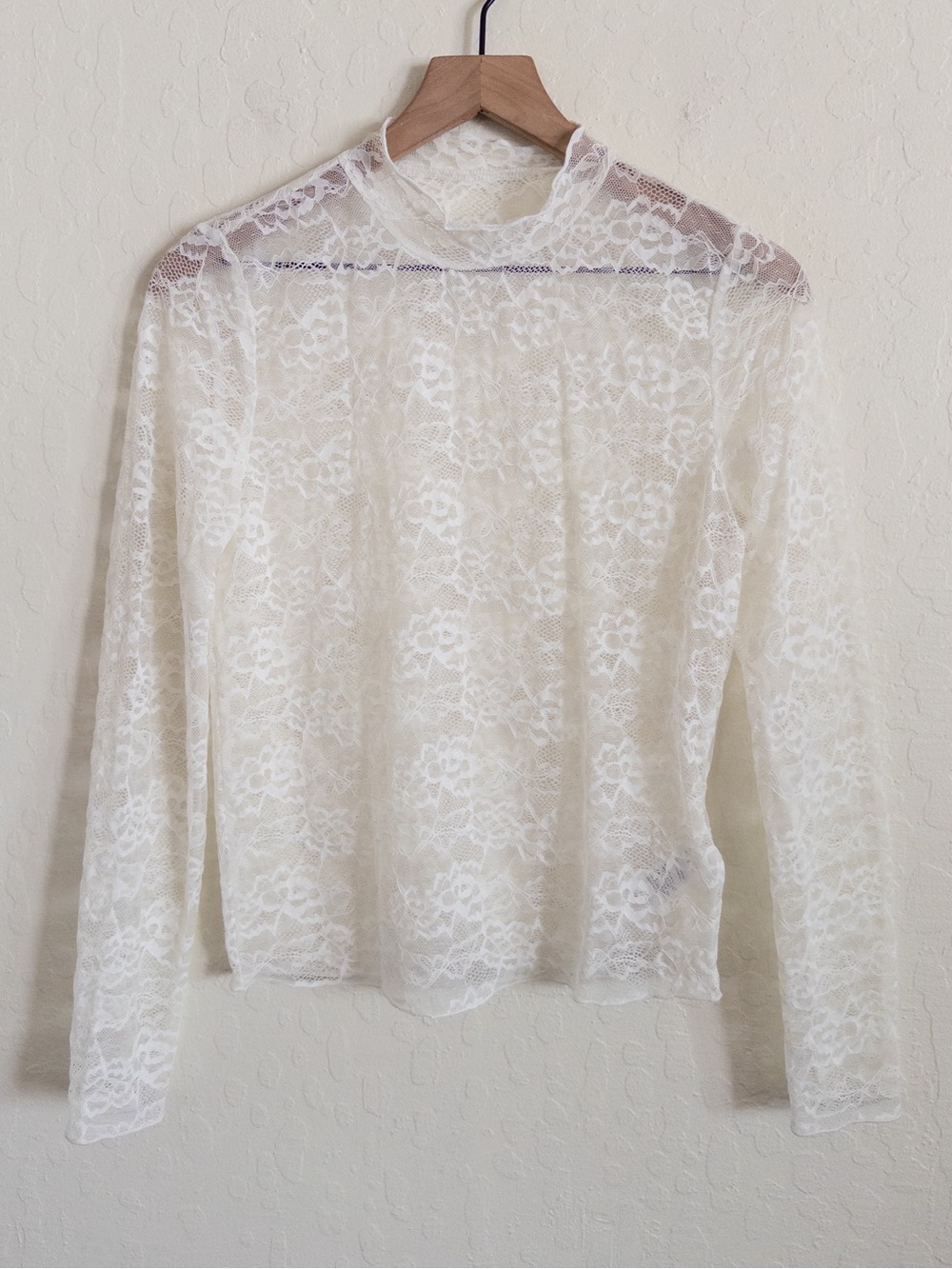 Sheer Mesh Floral Lace Long Sleeve Mock Neck Blouse Top Medium White Ivory Boho